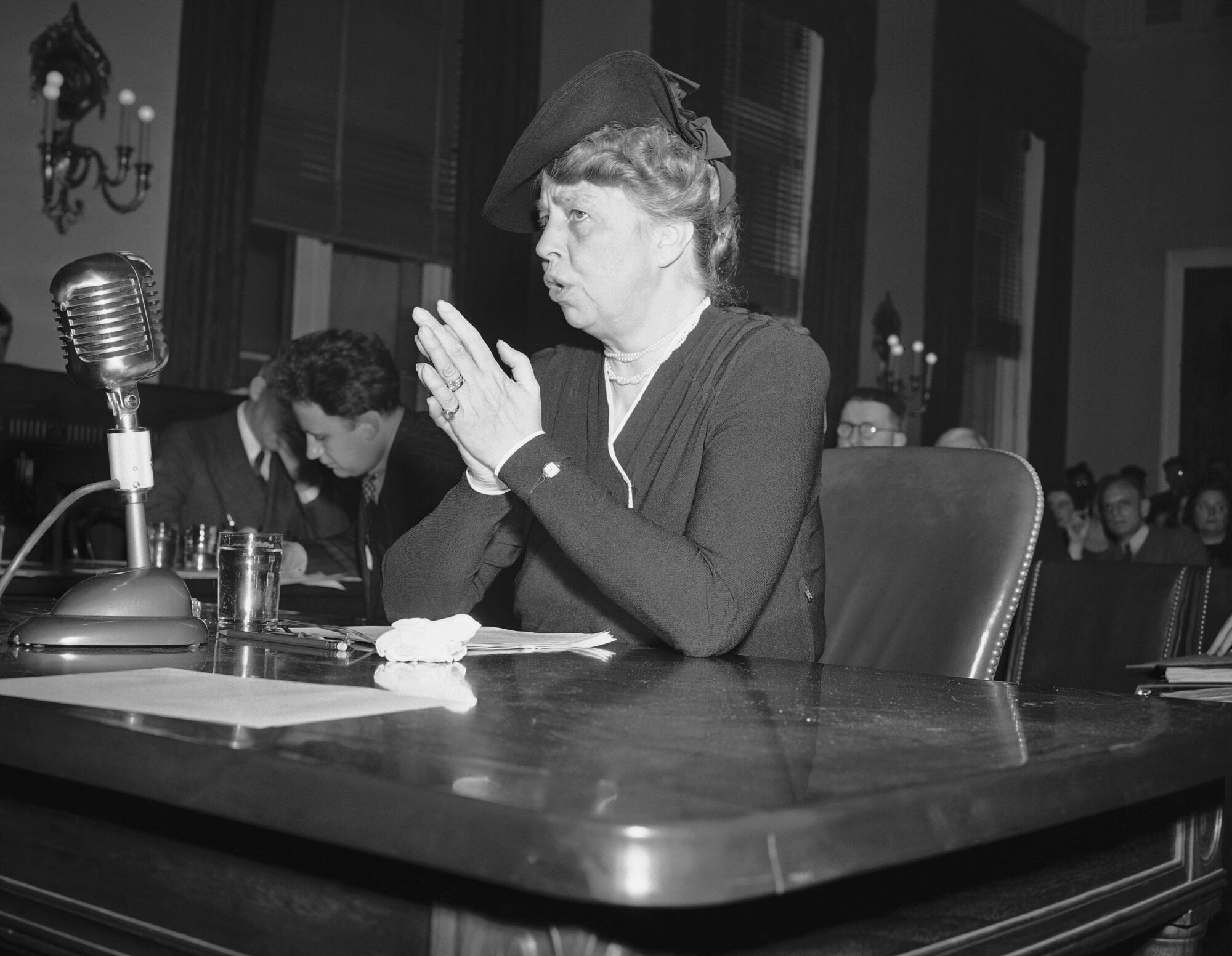 First Lady Eleanor Roosevelt, here testifying before Congress in 1942.