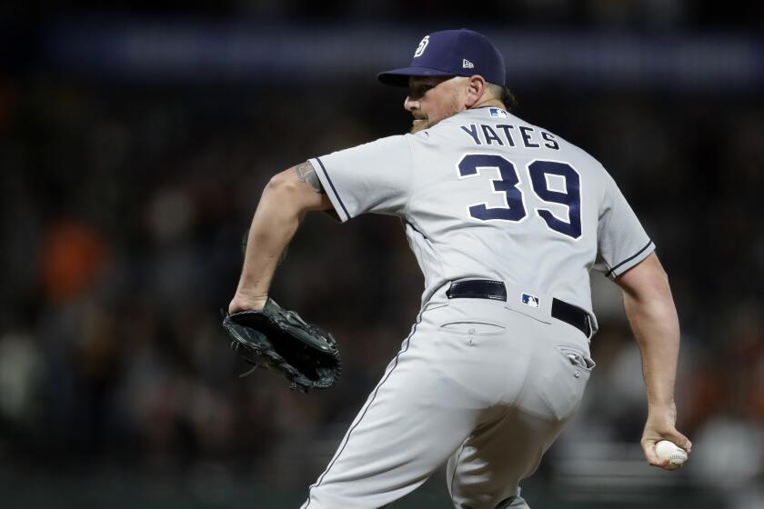 San Diego Padres pitcher Kirby Yates works against the San Francisco Giants during the ninth inning of a baseball game Saturday, Aug. 31, 2019, in San Francisco. (AP Photo/Ben Margot)