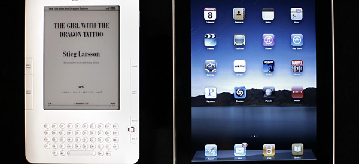 The iPad, right, measures data in pages and enables readers to turn pages. Readers can take notes on the Kindle.