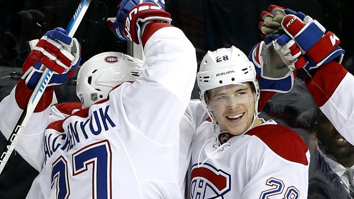 Montreal defenseman Nathan Beaulieu (28), celebrating a goal earlier this season, is part of a generation of players that has no personal memory of seeing the Canadiens become champions.