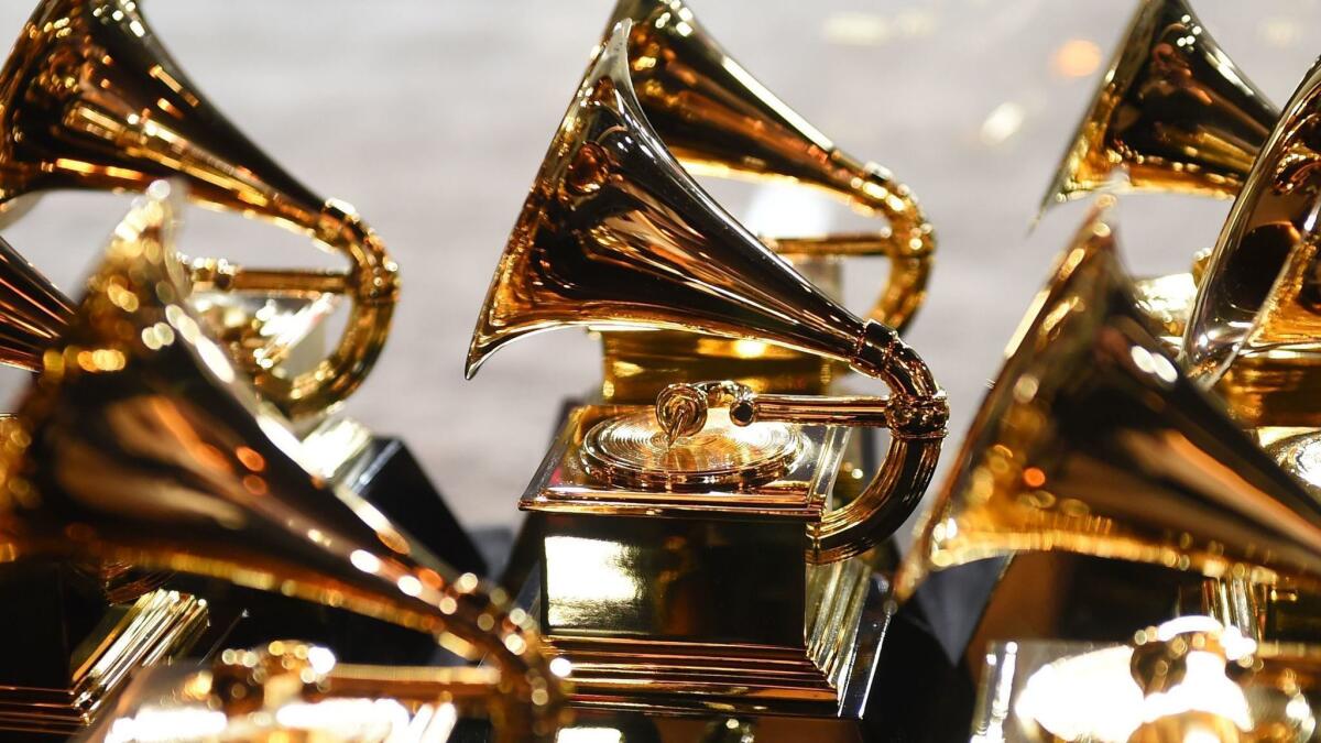 Grammy trophies sit in the press room during the 60th Grammy Awards in New York.