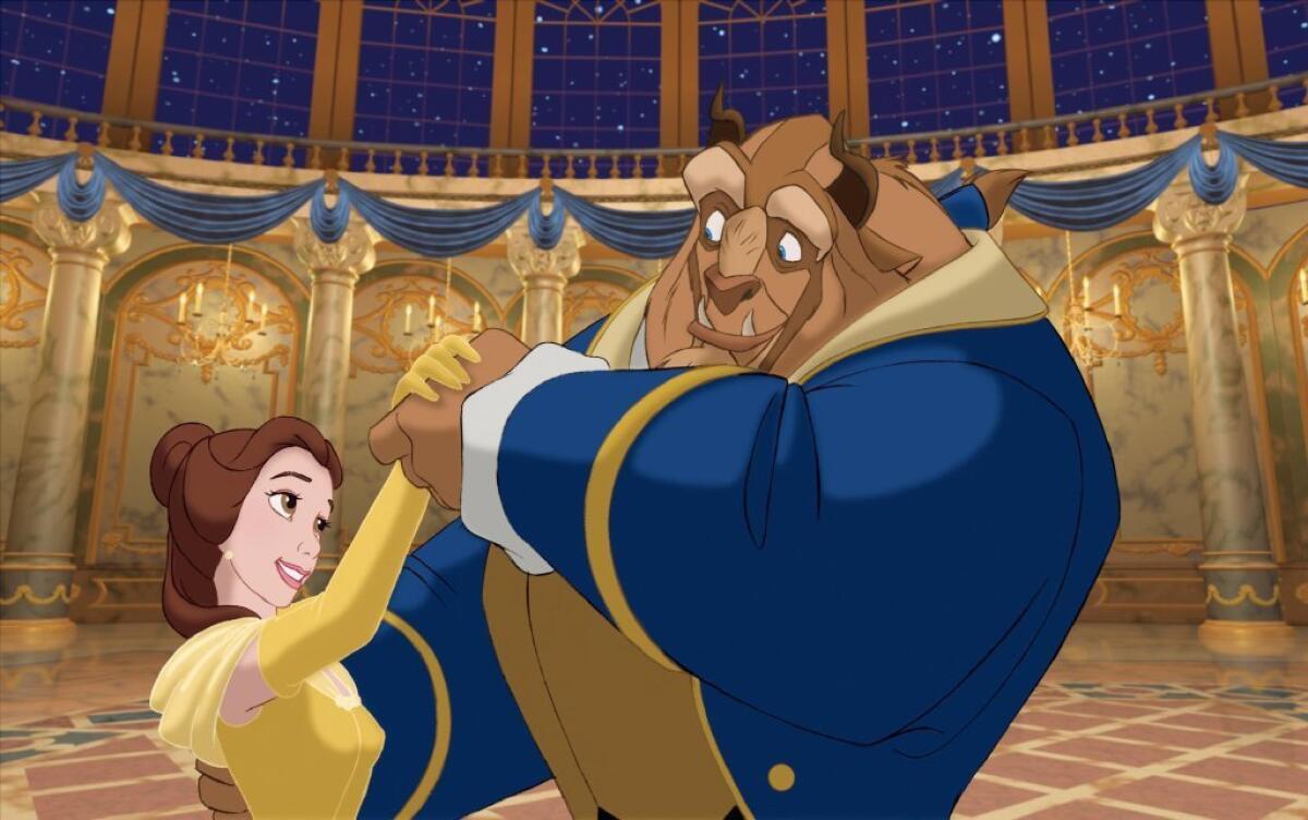 Belle, voiced by Paige O'Hara, and the Beast, voiced by Robby Benson, appear in a scene from the animated classic, "Beauty and the Beast"