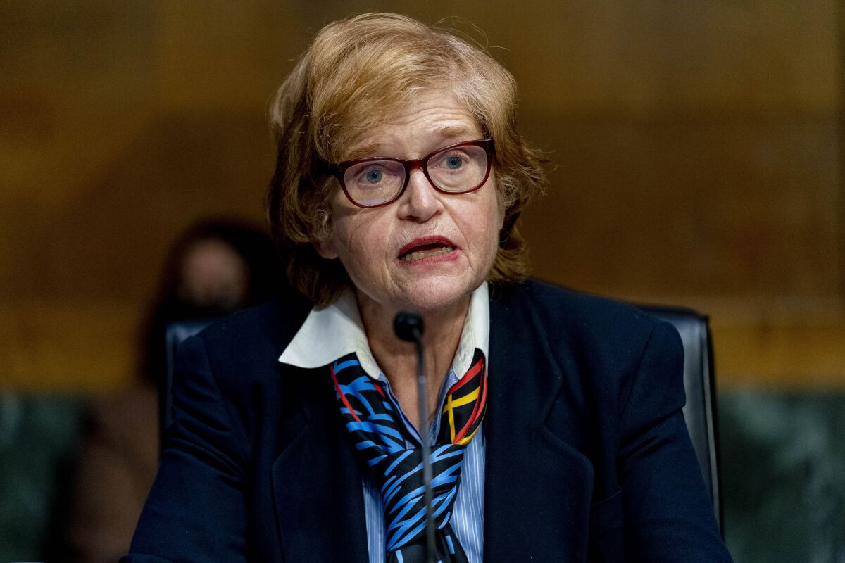 Deborah E. Lipstadt, nominated to be Special Envoy to Monitor and Combat Anti-Semitism, with the rank of Ambassador, speaks during a Senate Foreign Relations hearing on Capitol Hill in Washington, Tuesday, Feb. 8, 2022. (AP Photo/Andrew Harnik)
