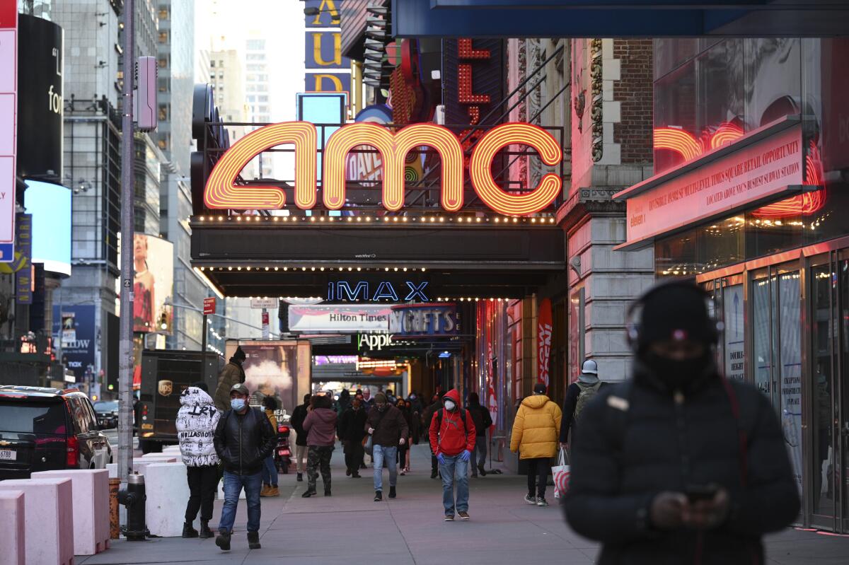 An AMC movie theater is seen on a street in New York.