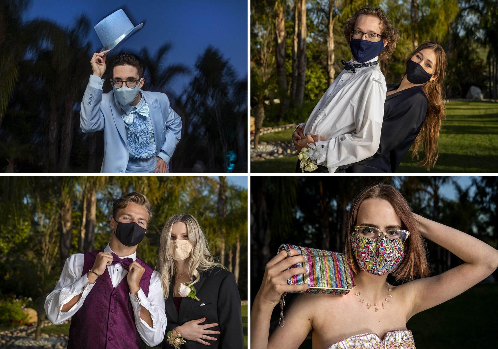 Four photos of students at prom tipping a hat, hugging a date, showing a purse to match a mask, and adjusting a bow tie.