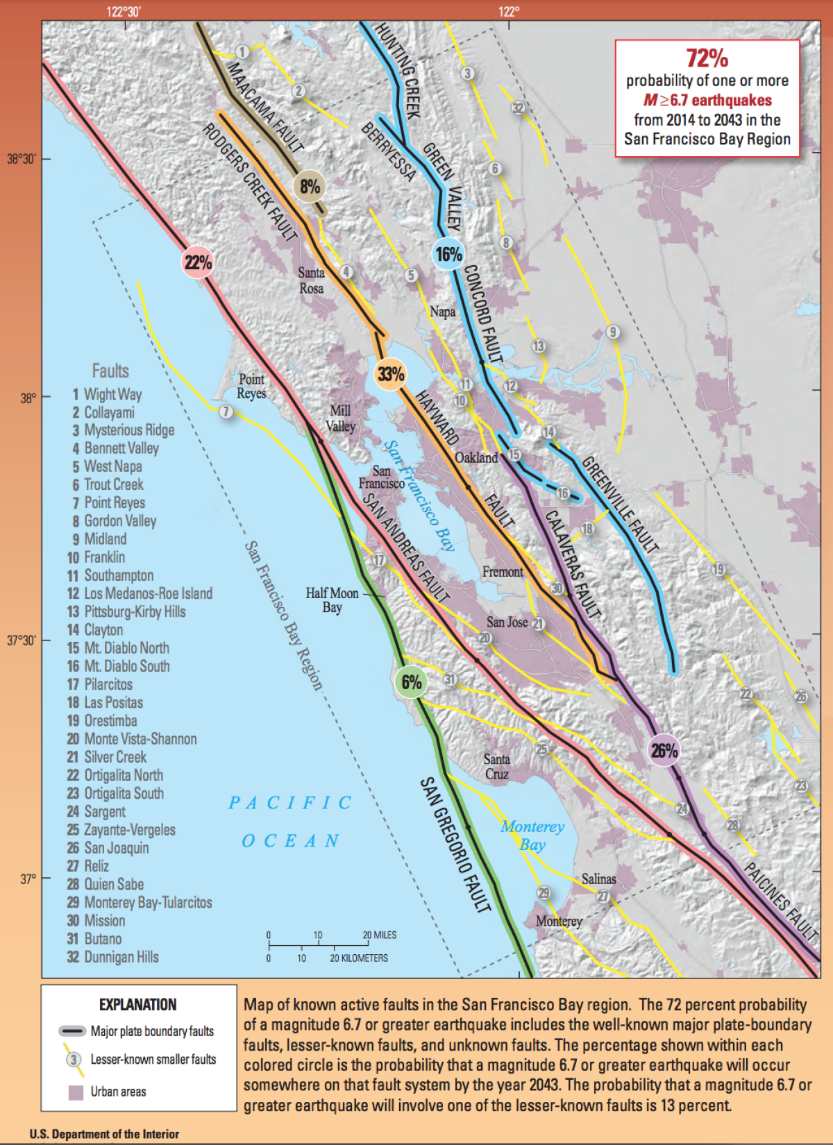 A map of the Bay Area's major earthquake faults. Generally speaking, there are seven major fault zones in the region: the Calaveras, Concord-Green Valley, Greenville, Hayward, Rodgers Creek, San Andreas and San Gregorio.