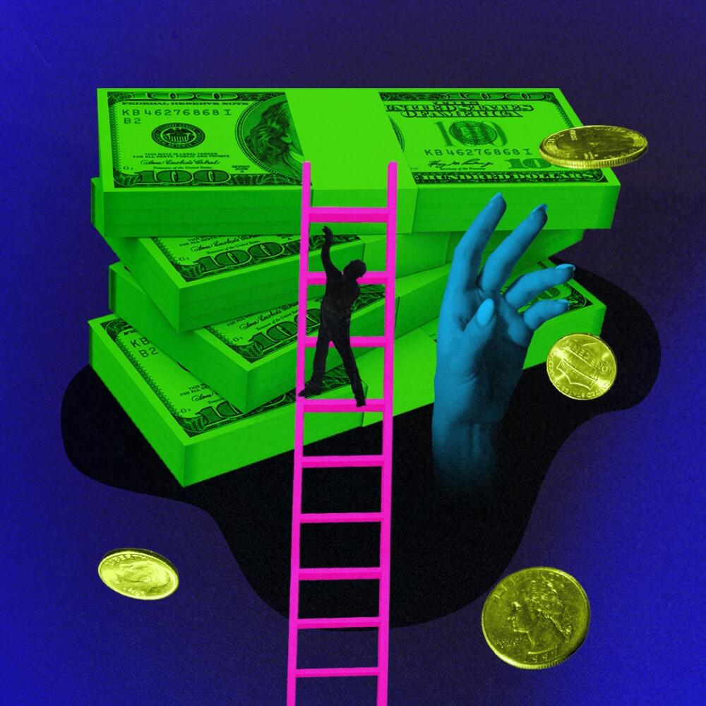 An illustration of a person climbing a ladder on a stack of money