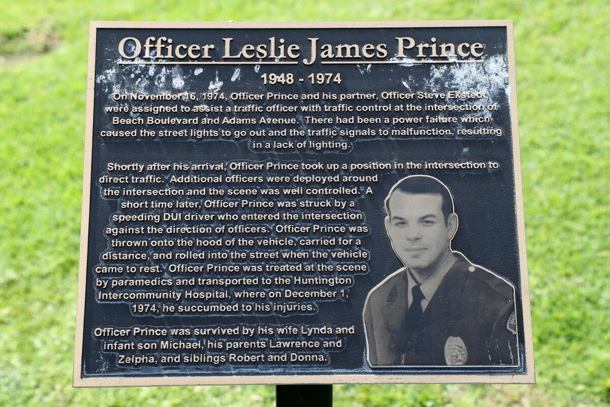 A plaque honors Officer Leslie J. Prince at Prince Park in Huntington Beach.