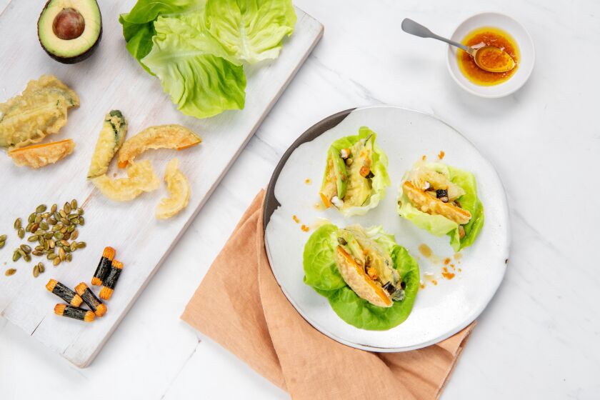 LOS ANGELES, CA-June 20, 2019: Japanese Vegetable Tempura Lettuce Wrap on Thursday, June 20, 2019. Cooking and food styling by Genevieve Ko, prop styling by Kate Parisian. (Mariah Tauger / Los Angeles Times)