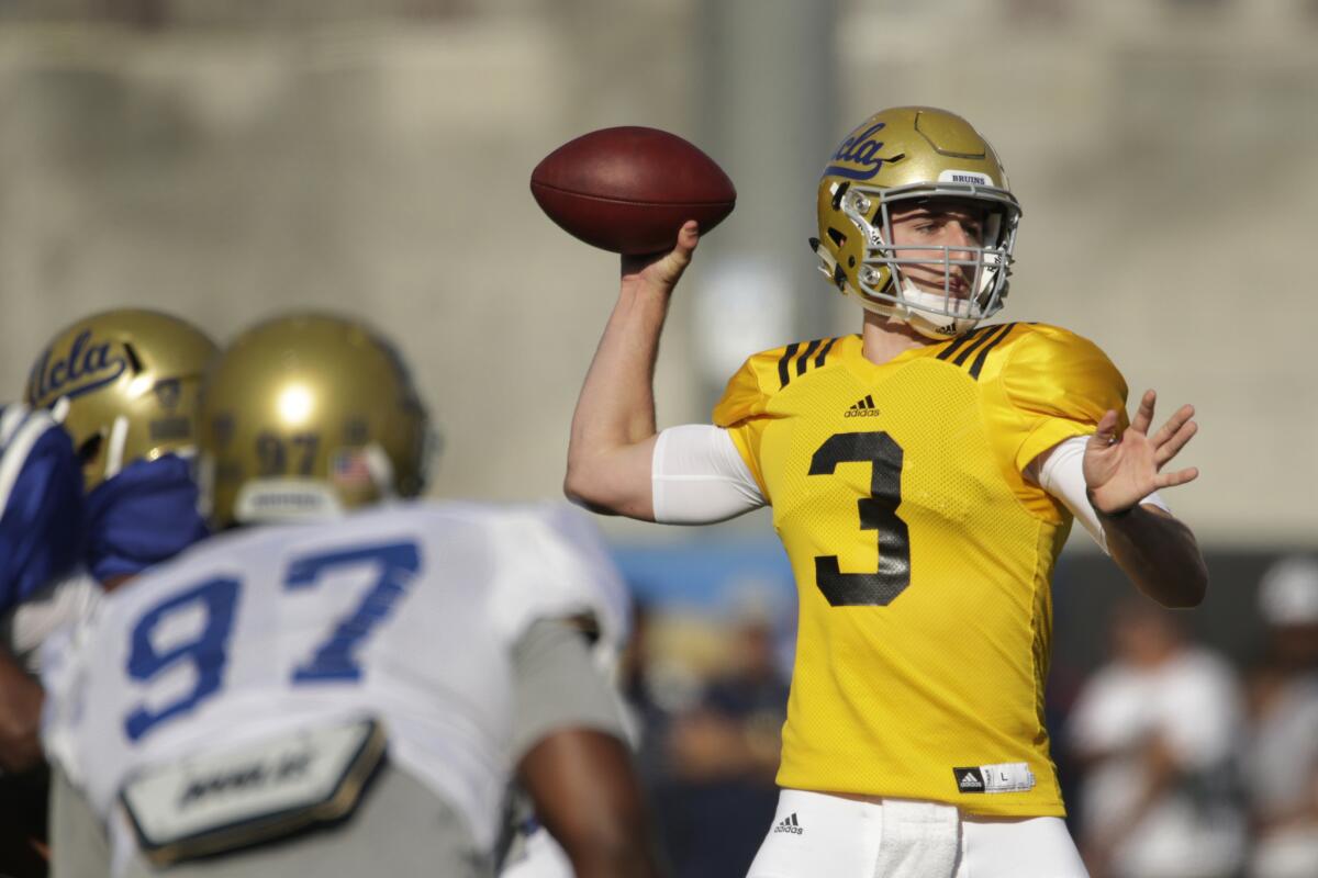 UCLA freshman quarterback Josh Rosen prepares to pass during Monday's practice.