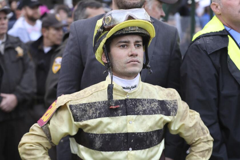 Flavien Prat, jockey of Country House waits for the result of an objection against Maximum Security.