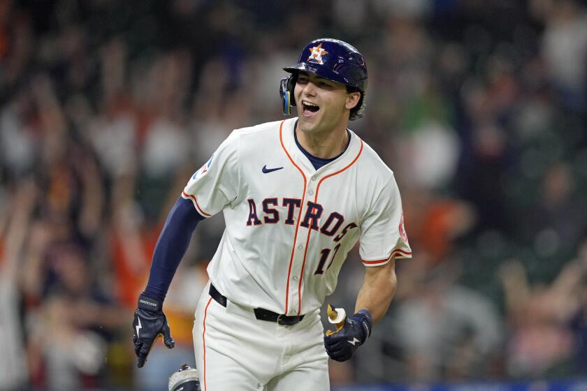 Houston Astros' Joey Loperfido celebrates after hitting a two-run home run against the Oakland Athletics during the third inning of a baseball game Thursday, May 16, 2024, in Houston. (AP Photo/David J. Phillip)