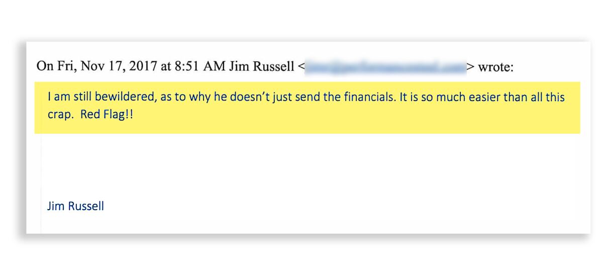 Screenshot of an email from Jim Russell that reads: "I am bewildered as to why he doesn't just send the financials."