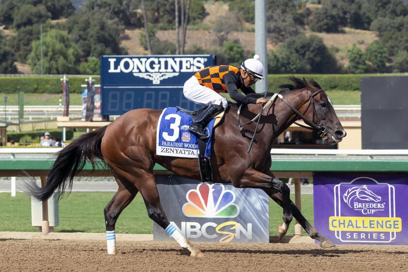 In this image provided by Benoit Photo, Paradise Woods, with Abel Cedillo aboard, wins the Grade II, $200,000 Zenyatta Stakes horse race Sunday, Sept. 29, 2019, at Santa Anita Park in Arcadia, Calif. (Benoit Photo via AP)