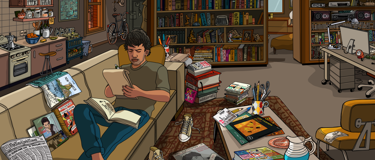 A hand-drawn frame from the animated "They Shot the Piano Player" shows the journalist protagonist on his couch, writing. 