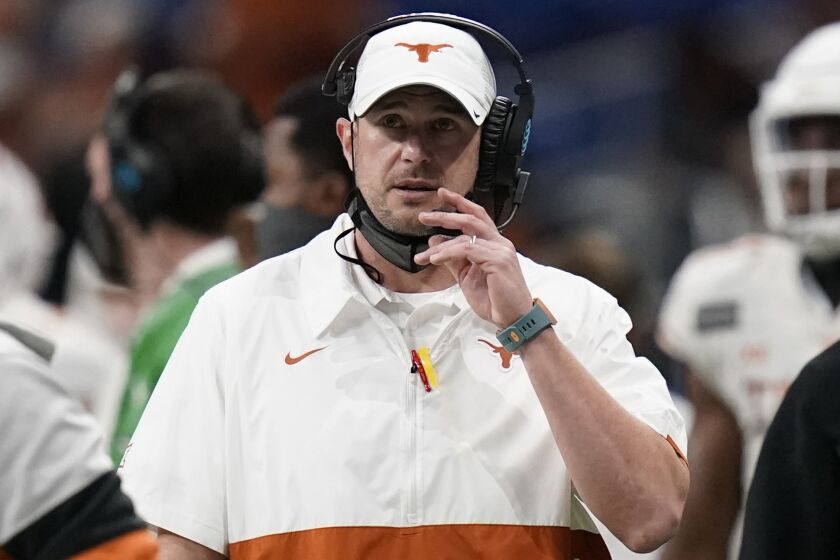 FILE - Then-Texas head coach Tom Herman looks on during the second half of the Alamo Bowl NCAA college football game against Colorado in San Antonio, Dec. 29, 2020. Tom Herman will take over as head coach of Florida Atlantic's football team as it heads into its first season in the American Athletic Conference, the school announced Thursday, Dec. 1, 2022. (AP Photo/Eric Gay, File)