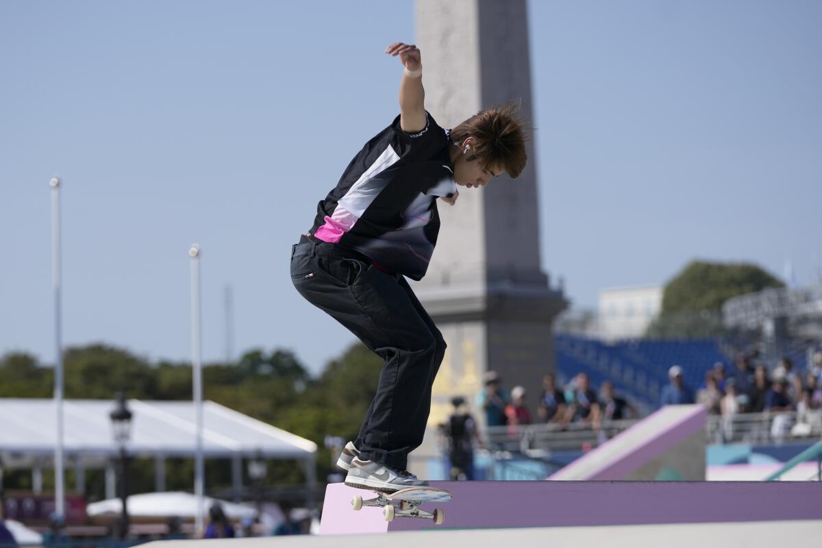 Yuto Horigome of Japan competes in the men's skateboard street final at the 2024 Summer Olympics.