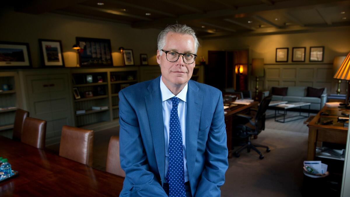 Delta Air Lines CEO Edward Bastian is shown in his office at the company's headquarters in Atlanta in 2016. Delta will move its operations at Los Angeles International Airport in May to add more gates.