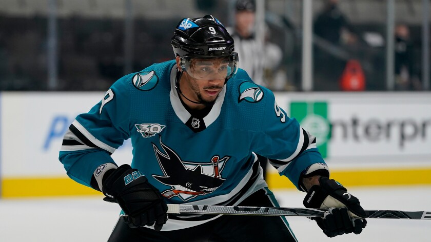 San Jose Sharks forward Evander Kane against the Vegas Golden Knights during a game May 12, 2021.
