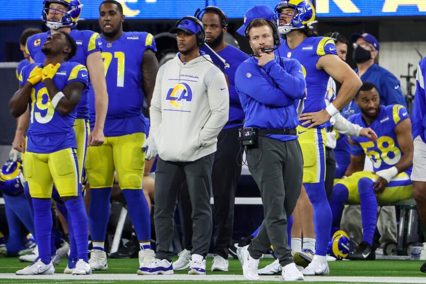 Inglewood, CA, Monday, January 17, 2022 - Los Angeles Rams head coach Sean McVay paces the sideline during a game against the Arizona Cardinals in the NFC divisional playoff game at SoFi Stadium. (Robert Gauthier/Los Angeles Times)