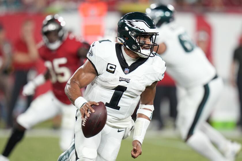 Philadelphia Eagles' Jalen Hurts runs during the second half of an NFL football game against the Tampa Bay Buccaneers, Monday, Sept. 25, 2023, in Tampa, Fla. (AP Photo/Chris O'Meara)