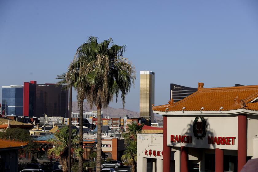 LAS VEGAS NV JULY 30, 2024 -- Hotels on the Las Vegas Strip visible from Chinatown Central Plaza in Las Vegas, Nev. on Tuesday July 30th, 2024. (Ian Maule/Los Angeles Times)