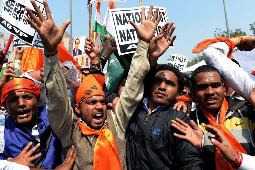 Activists from a right-wing Indian student organization shout slogans at a protest in New Delhi on Feb. 24, 2016.