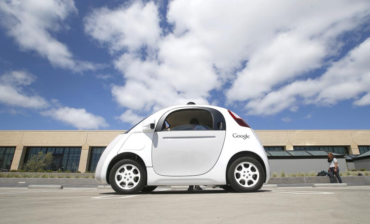 A prototype Google self-driving car is presented at the Google campus in Mountain View, Calif., on May 13.