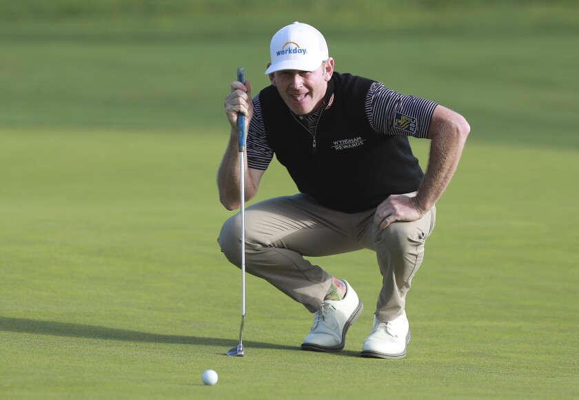 Brandt Snedeker lines up his putt on the 18th green of the South Course during the second round of the Farmers Insurance Open at the Torrey Pines Golf Course on Friday, January 24, 2020 in La Jolla, California.