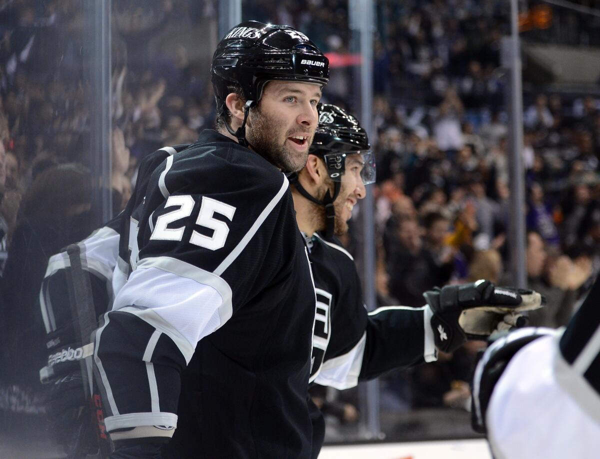 Dustin Penner reacts to his goal against the Anaheim Ducks at Staples Center.