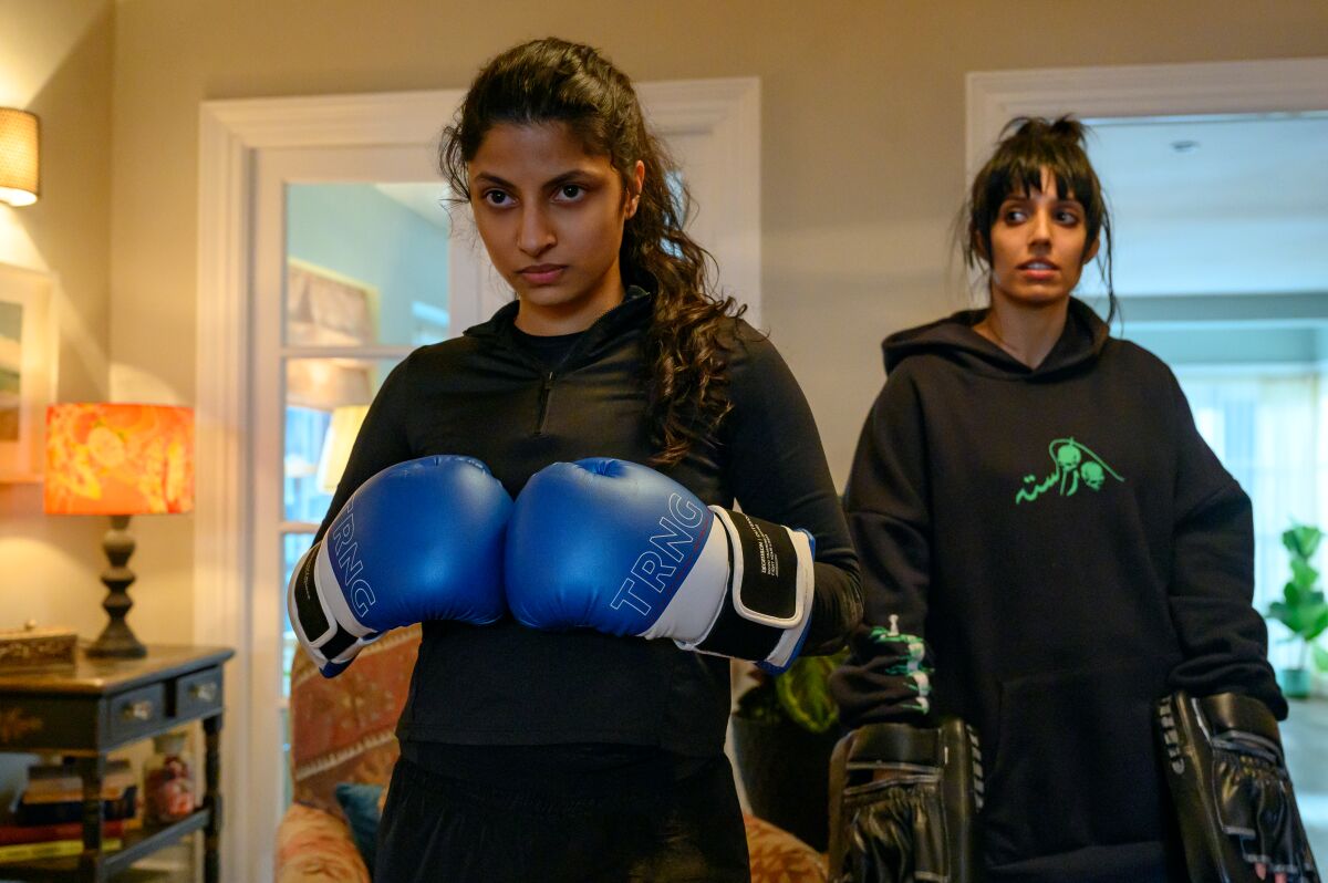 Two young woman, one wearing boxing gloves, the other, punching mitts