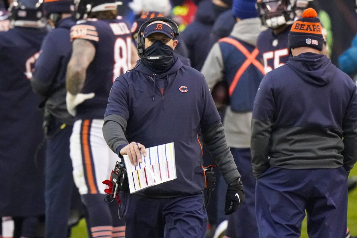 Chicago Bears head coach Matt Nagy on the sideline in the second half of an NFL football game against the Detroit Lions in Chicago, Sunday, Dec. 6, 2020. (AP Photo/Nam Y. Huh)