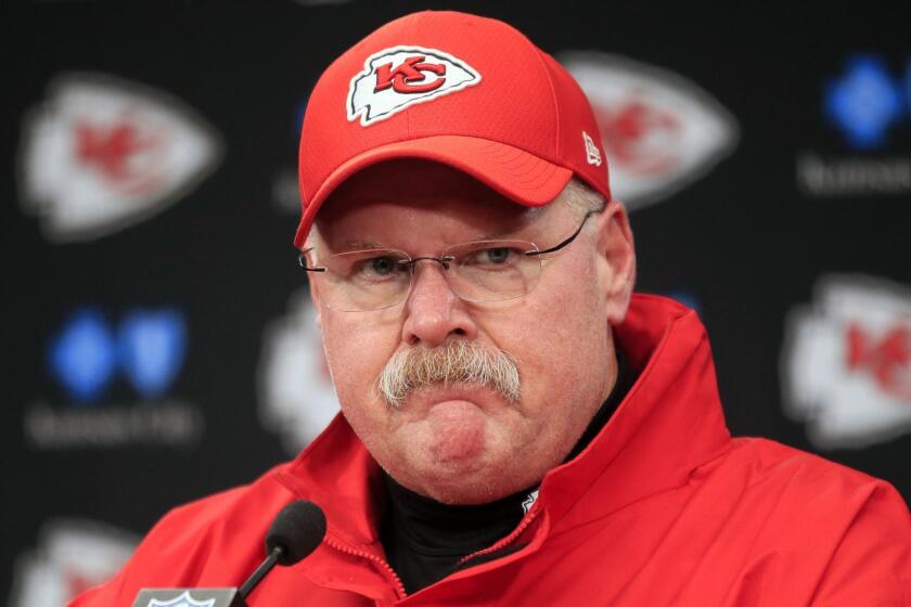 FILE - In this Jan. 12, 2019, file photo, Kansas City Chiefs coach Andy Reid is shown during a news conference following an NFL divisional football playoff game against the Indianapolis Colts, in Kansas City, Mo. There is perhaps nobody under greater pressure to win this postseason than Chiefs coach Andy Reid, whose Hall of Fame-worthy resumes includes everything but a Super Bowl triumph. (AP Photo/Ed Zurga, File)