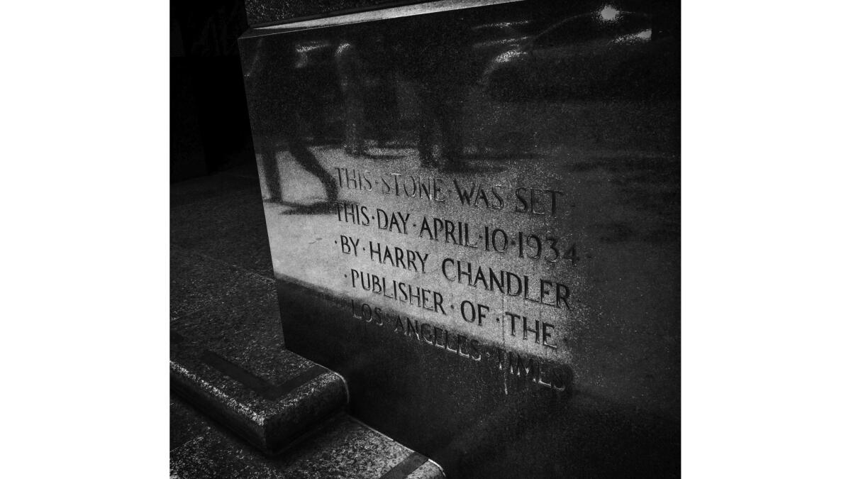 May 8, 2018: The Los Angeles Times' cornerstone marks the building at First and Spring streets in downtown Los Angeles.