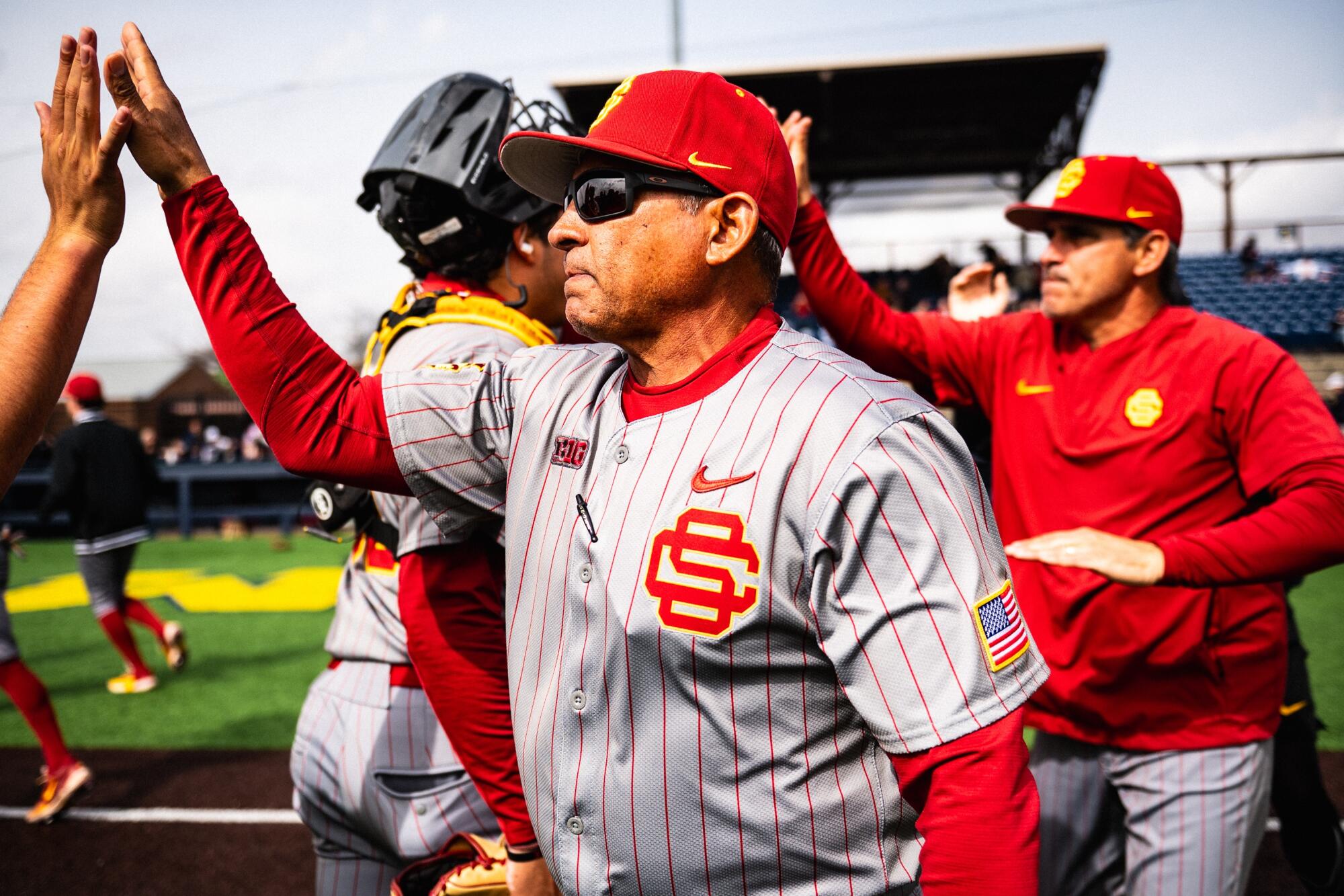 USC baseball program seems to be to proceed breakthrough season 3 USC baseball coach Andy Stankiewicz high-fives his players after a game earlier this season.
