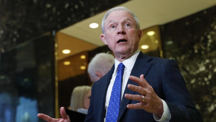 Sen. Jeff Sessions (R-Ala.) speaks to media at Trump Tower, Thursday, Nov. 17, 2016, in New York.