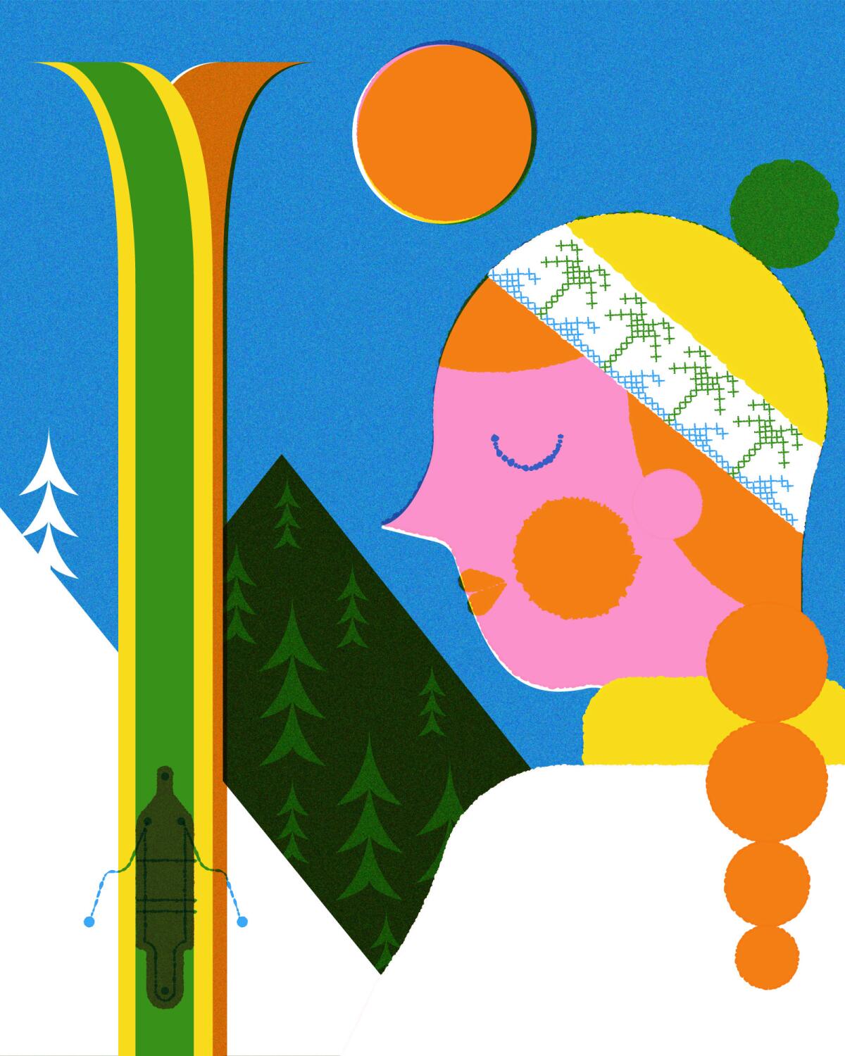 A woman holds a pair of skis with snowy mountains in the background.