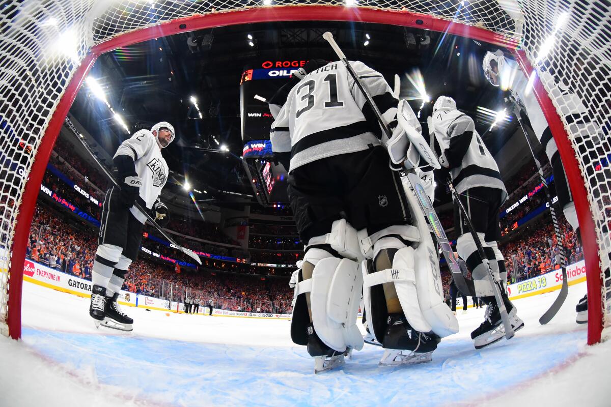 Kings players acknowledge their goaltender David Rittich as their season comes to an end after Game 5 on Wednesday night.