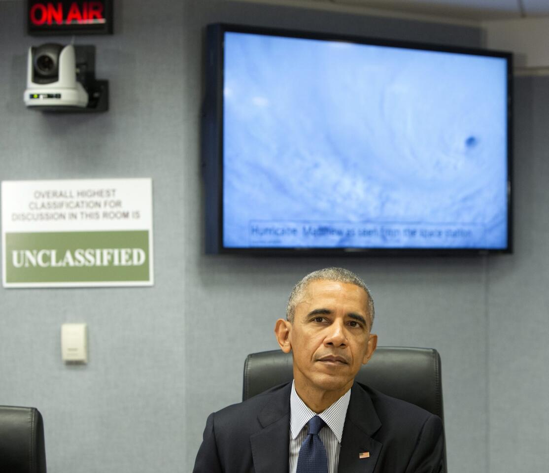 President Barack Obama makes a statement after receiving a briefing on Hurricane Matthew at the Federal Emergency Management Agency in Washington, D.C., on Oct. 5, 2016.