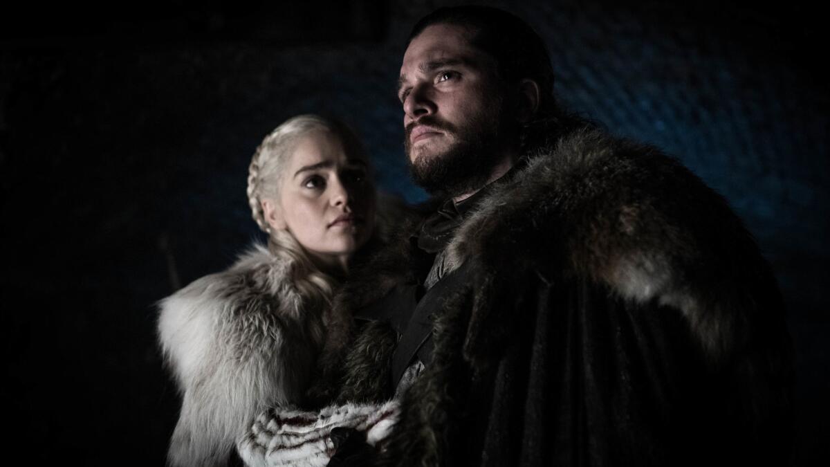 Emilia Clarke and Kit Harington in a scene from the new season of "Game of Thrones."