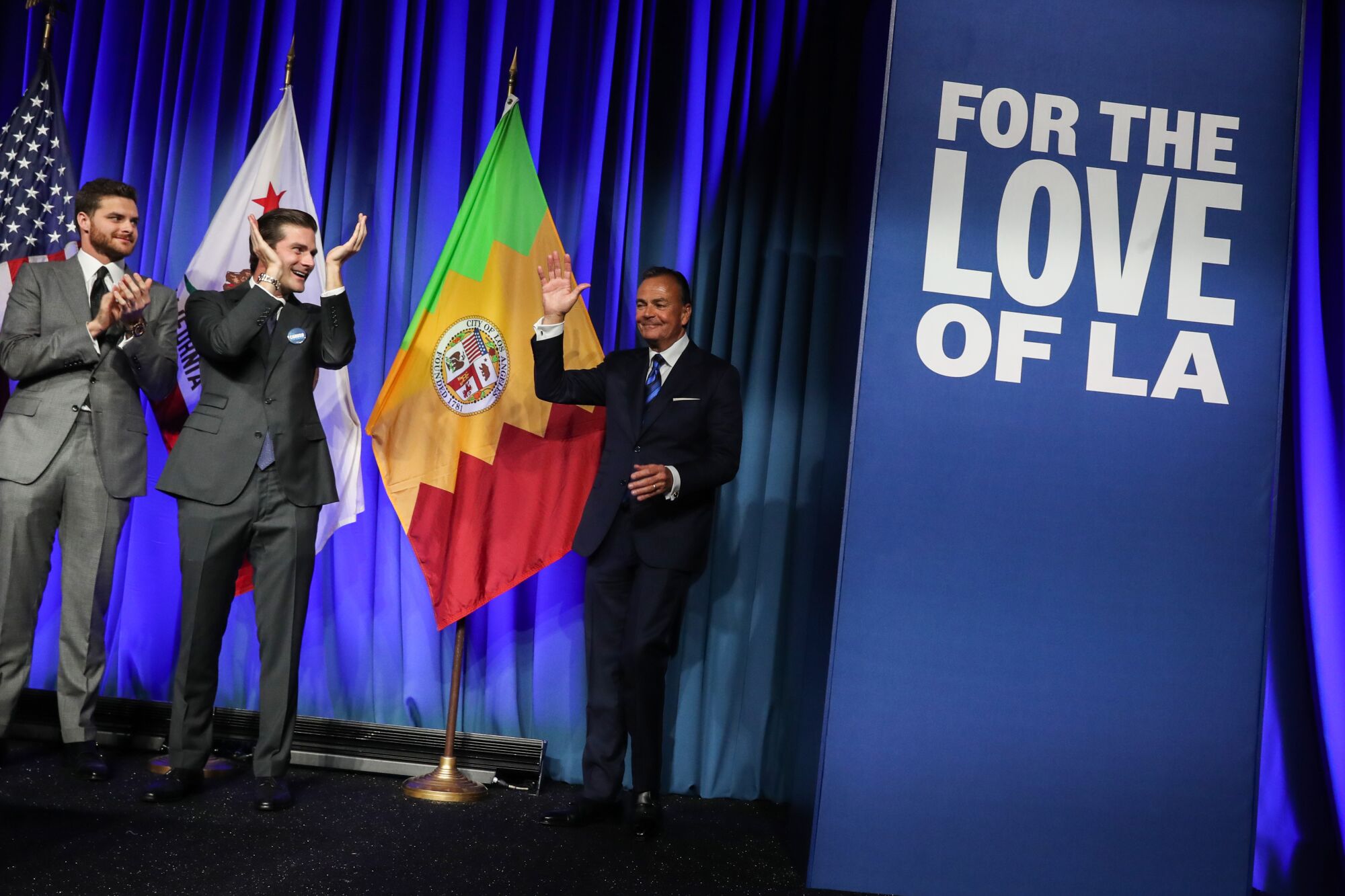 Rick Caruso takes the stage during an election night rally in Los Angeles.