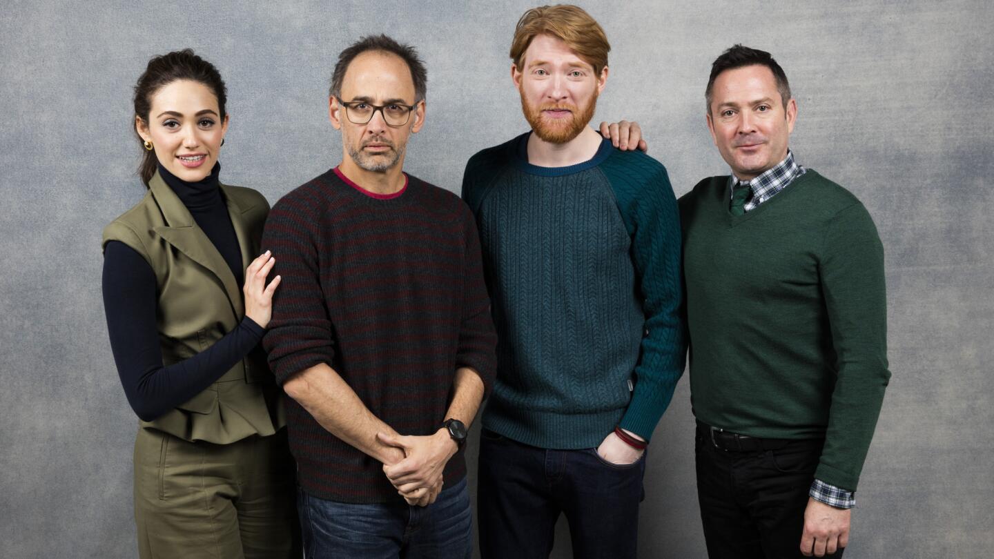 Actress Emmy Rossum, director David Wain, actor Domhnall Gleeson and actor Tom Lennon, from the film, "A Futile and Stupid Gesture," photographed in the L.A. Times Studio at Chase Sapphire on Main, during the Sundance Film Festival in Park City, Utah, Jan. 22, 2018.