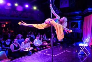 HOLLYWOOD, CA - SEPTEMBER 18, 2024: Mary Serritella, 71, performs in front of a live audience during the Comedy Pole Show at the Bourbon Room on September 18, 2024 in Hollywood, California. (Gina Ferazzi / Los Angeles Times)