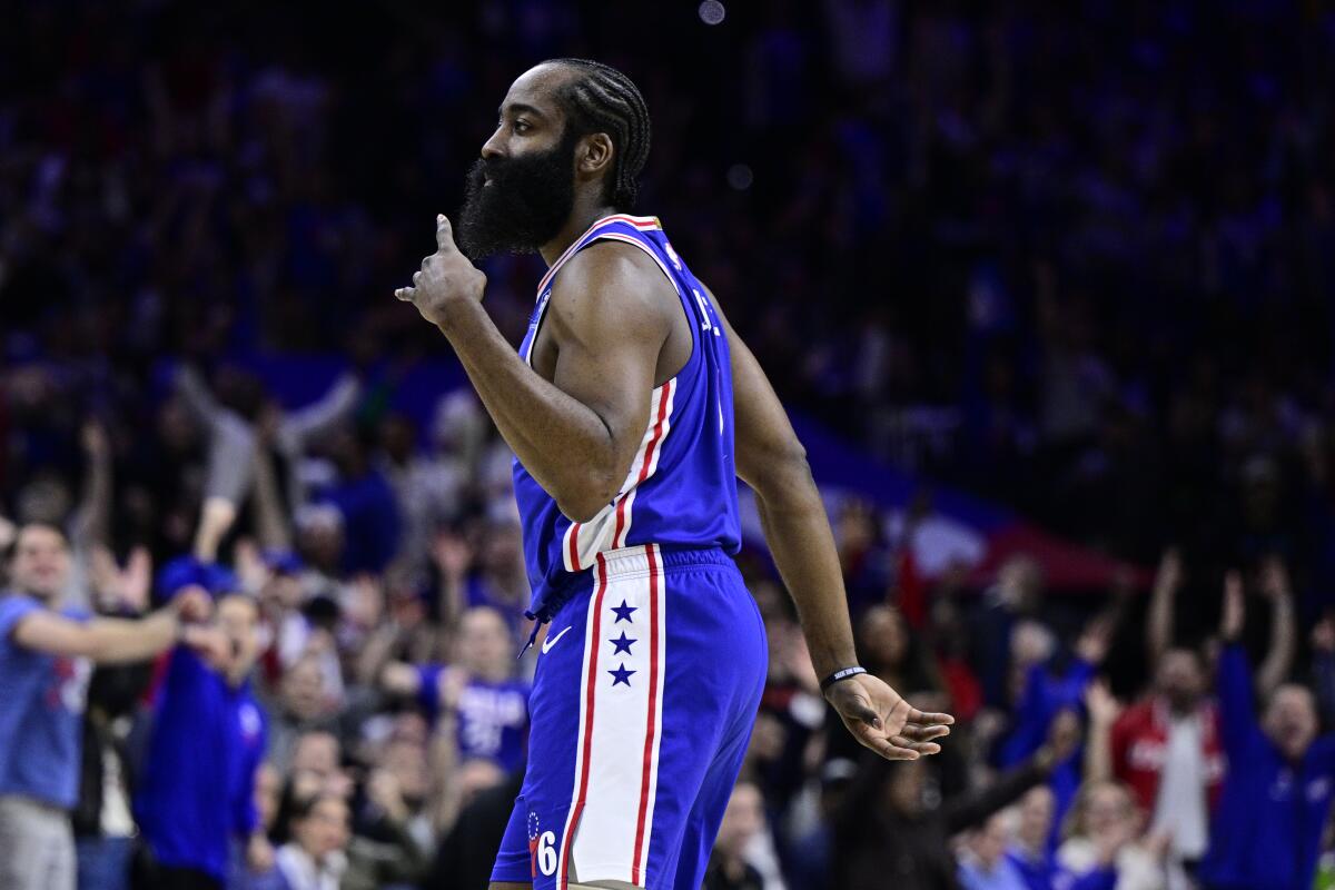 Philadelphia's James Harden reacts during a playoff game against the Nets last spring.