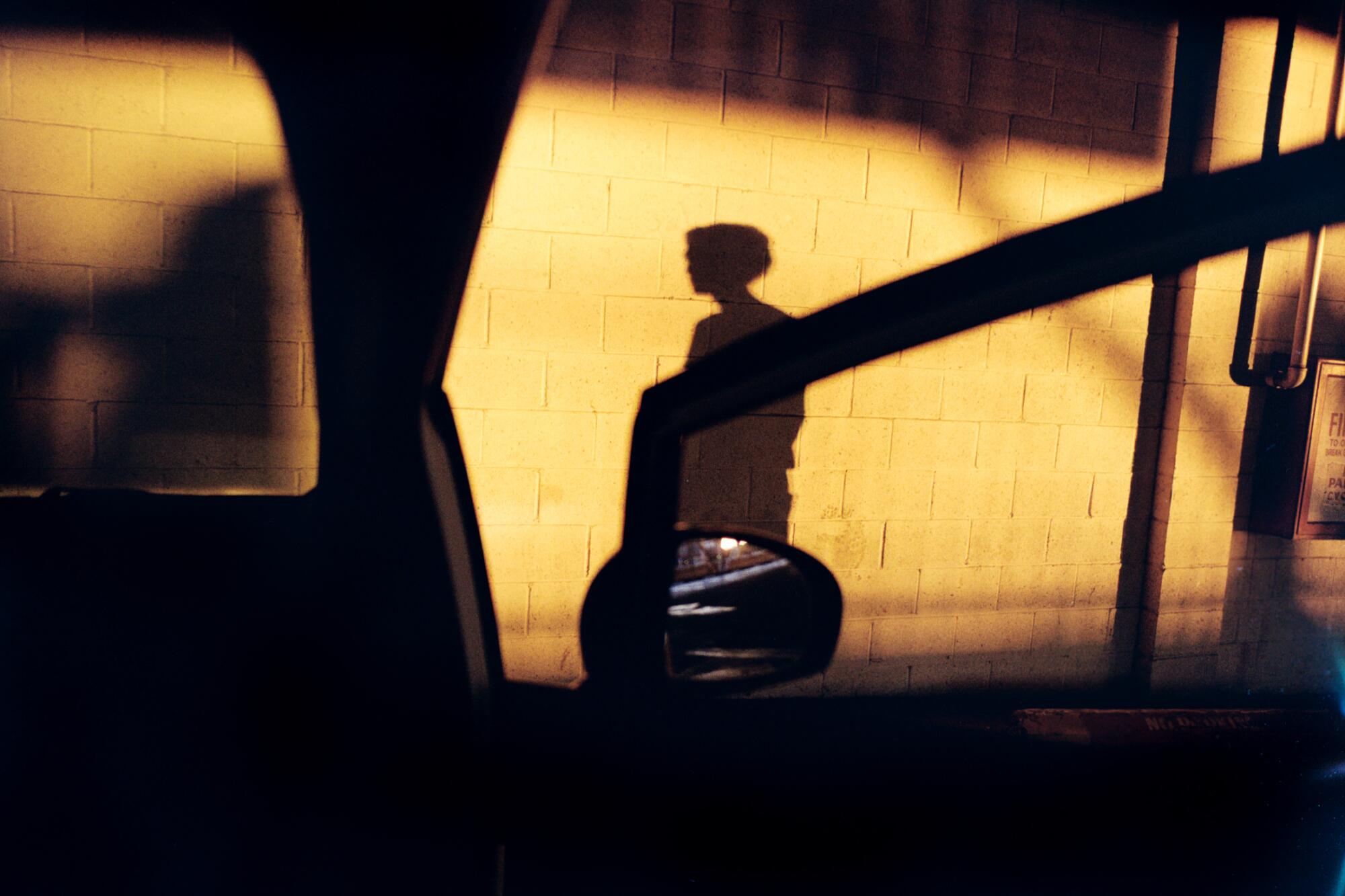 The shadow of a person standing outside an open car door