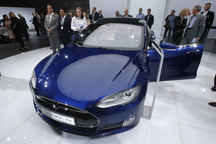 A Tesla Model S is on display Sept. 15 at the Frankfurt Auto Show in Frankfurt, Germany.