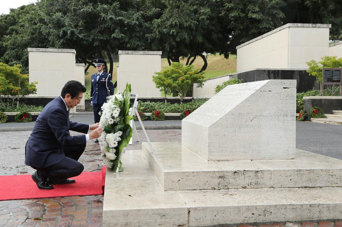 Japanese Prime Minister Shinzo Abe at the National Memorial Cemetery of the Pacific in Honolulu on Monday.