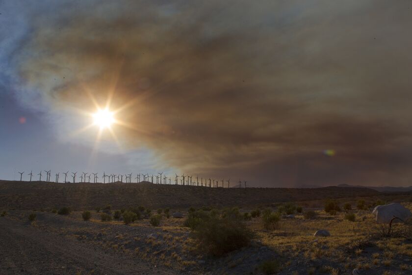 The windmills near the 10 freeway in Cabazon are framed by the smoke from the Lake fire.