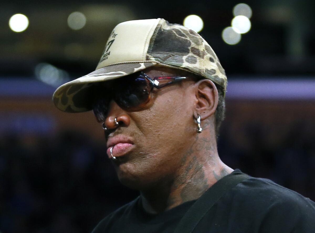 Dennis Rodman attends a basketball game in Los Angeles in 2016.