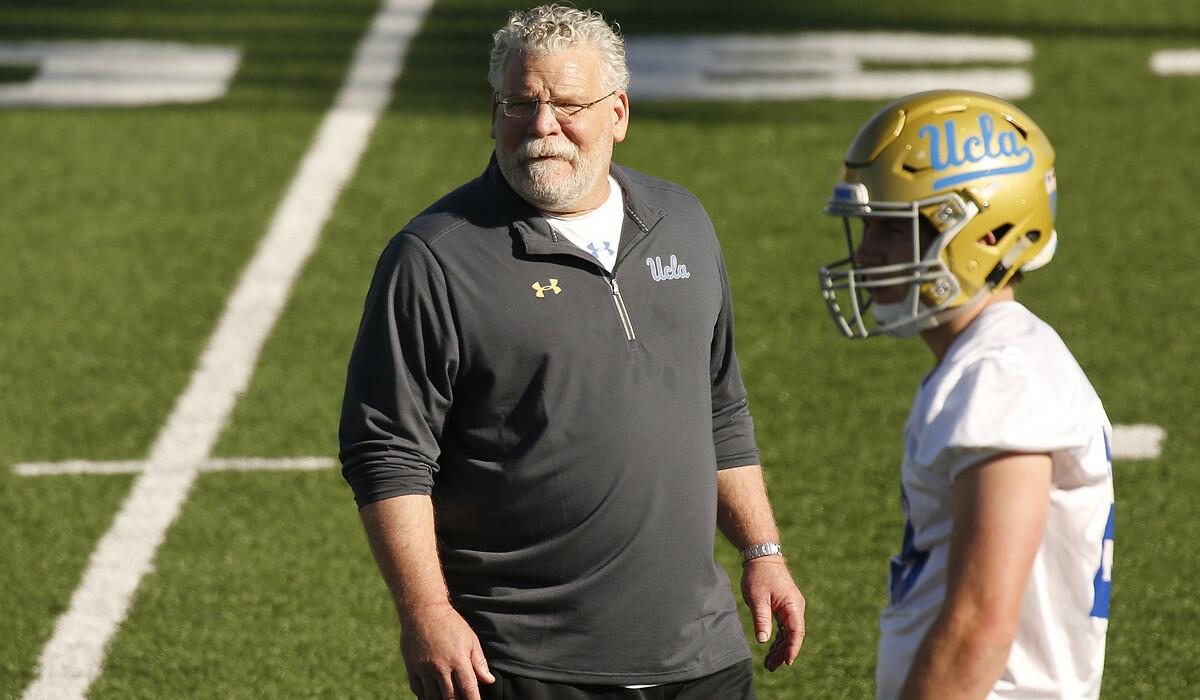 UCLA defensive coordinator Jerry Azzinaro is seen on Spaulding practice field during a practice March 6, 2018, in Westwood. 